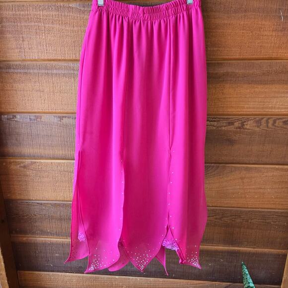 90s Y2K Scassi Pink Petal Hem Midi Skirt L Rhinestone Embroidered Fairy Festival - Picture 6 of 10